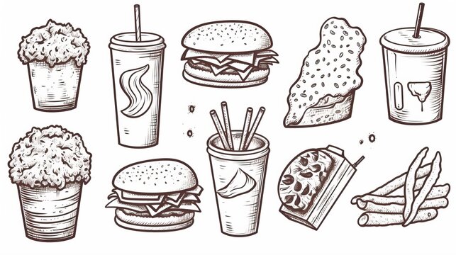 A detailed set of sketches depicting various fast food items like burgers, fries, and drinks in a monochrome style