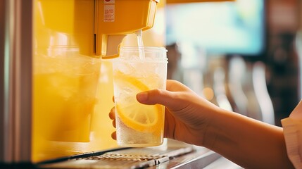 Someone filling a cup with lemon iced tea from an automated drink dispenser in daylight - obrazy, fototapety, plakaty