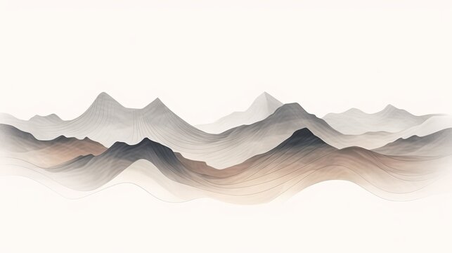 A minimalist and modern digital illustration of stylized mountains with an abstract wave pattern and pastel color scheme