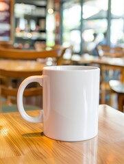 A blank white mug on table in a coffee shop 