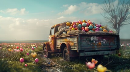 abandoned old truck rustic truck bring a lot of easter egg to the big land expedition company easter greeting background