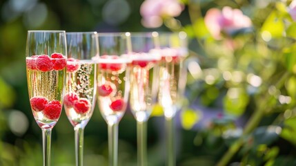A row of champagne flutes filled with raspberries
