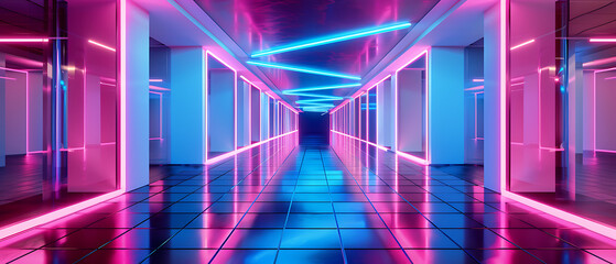 a futuristic and symmetrical corridor illuminated by neon lights reflecting on the glossy floor.