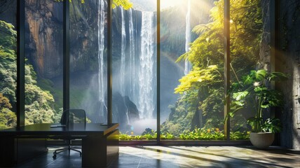 clean office in a big room with big window scenery view of water fall with beautyfull sun light bright cozy office