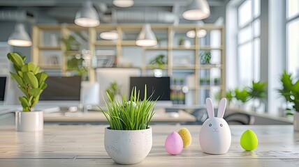easter decoration on office table small easter egg near ornamental plant in clay pot in the midle of office with PC background and big window