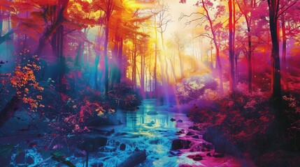 Fototapeta na wymiar Fantastic colorful forest landscape with streamlet. Abstract design with surreal scenery