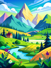 Vector landscape background featuring a picturesque countryside scene with rolling hills, lush greenery, and a serene lake.