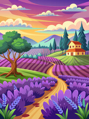 Lavender fields stretch to the horizon under a vast blue sky.