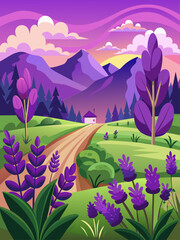 Fototapeta na wymiar Tranquil lavender landscape with vibrant purple flowers and distant mountains under a clear blue sky.