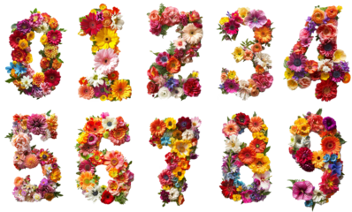 set of colorful floral numbers from zero to nine. Transparent background