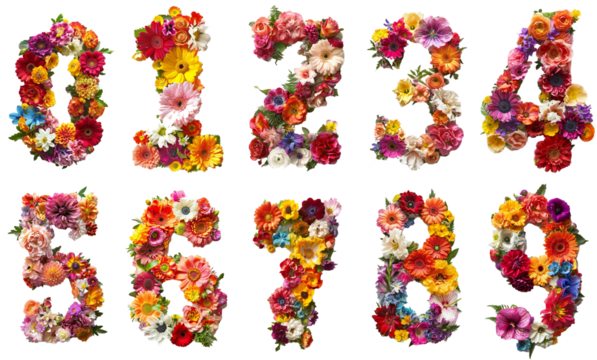 set of colorful floral numbers from zero to nine. Transparent background