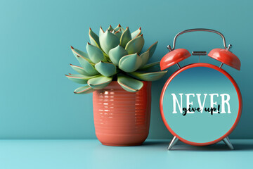 A decorative alarm clock with text Never Give Up sitting next to a potted plant