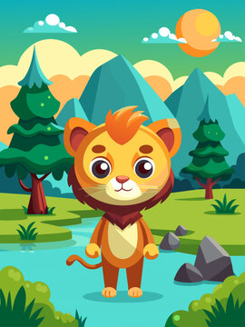 Leo the lion is exploring a picturesque landscape with lush green trees, rolling hills, and a clear blue sky.