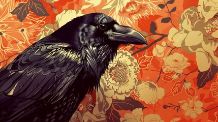 Fantasy black bird, illustration of raven close-up, floral background