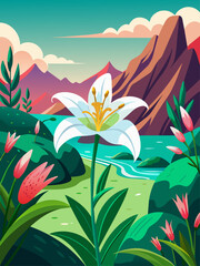 Lily flowers bloom beautifully in a serene natural landscape.