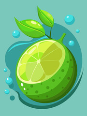 Lime slices float in a glass of water against a vibrant green background.