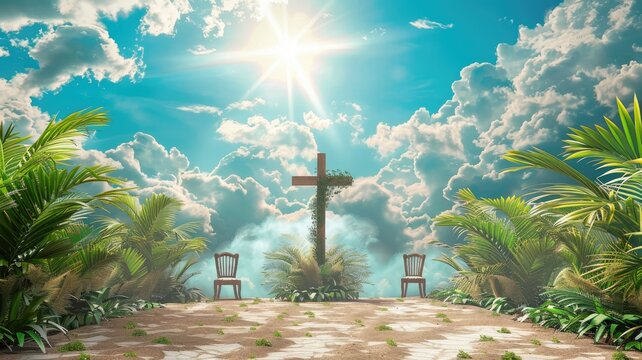 outdoor chruch set jup Jesus cross decorated with palm leaf and cloudy sky background with sunshine palm Sunday