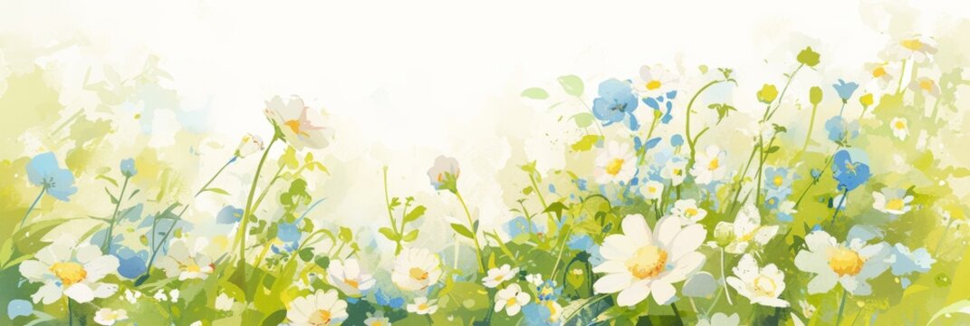 A panoramic floral watercolor illustration with wildflowers. Varieties of white, blue, and yellow blossoms blend with soft green foliage