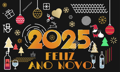 cartão ou banner para desejar um feliz ano novo 2025 em ouro sobre fundo preto com corações de floco de neve, árvores de Natal, garrafas de álcool, bolas de Natal
