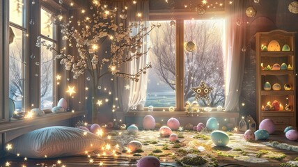 living room decorated with easter decoration easter egg with star light and with big window happy...