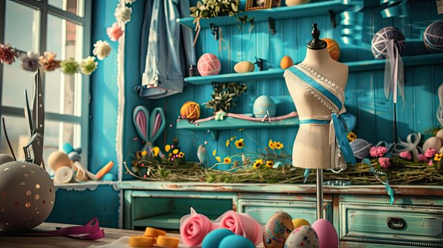 tailor celebrate easter with decorate his buisnis place with easter decoration and blue paint fashion designer