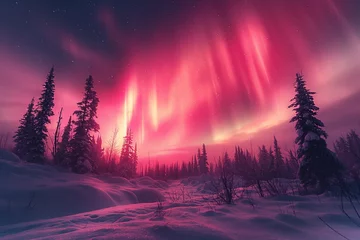 Foto auf Leinwand Northern lights  above snow trees. Winter landscape with mountains and forest. Aurora borealis with starry in the night sky. Fantastic Winter Epic Magical Landscape. Gaming RPG background © Abstract51