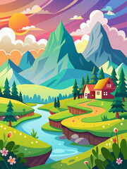 Serene vector illustration depicting a picturesque landscape with rolling hills, vibrant flora, and a tranquil sky.