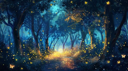 Fantasy illustration of magical fairy tale forest with fireflies