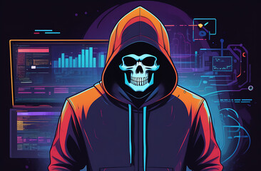 A shadowy figure in a hoodie engaged in cyber espionage, hacking into a secure system to steal confidential data, with a digital interface showing code and a skull symbolizing the threat