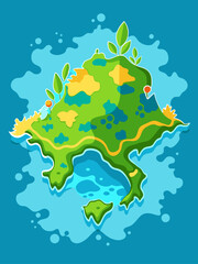 This is a vector illustration of a world map on a blue water background.