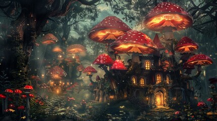 Fototapeta na wymiar Fantasy red mushrooms in fairytale night forest