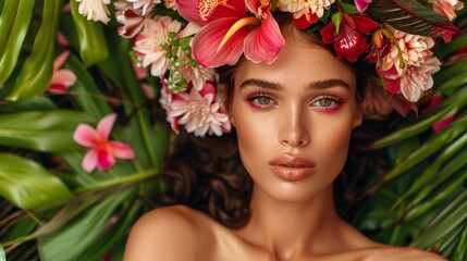 Fashion portrait of young beautiful woman with exotic flowers in hair