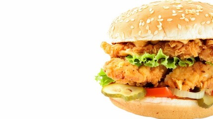 burger with fried chicken isolated clear white background