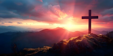 Dramatic lighting on mountains at sunset for Christian Easter concept imagery. Concept sunset lighting, mountain backdrop, Christian Easter, dramatic imagery - obrazy, fototapety, plakaty