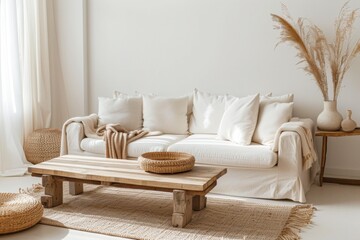Cozy living room interior with knitted blanket on comfortable sofa