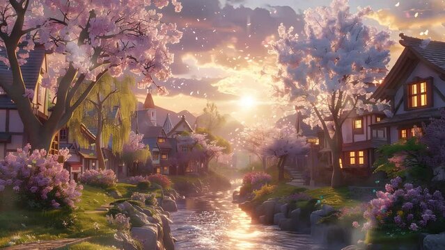 Tranquil anime scenery depicting a peaceful river flowing through a quaint countryside village. Seamless Looping 4k Video Animation