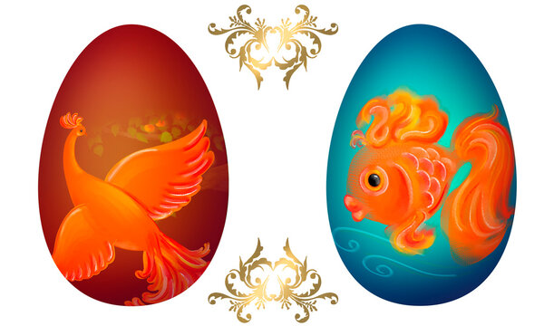 Easter symbol. Easter food. Beautiful eggs with drawings of fairy tale characters.Slavic folklore. Russian tales.

