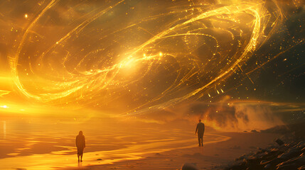 Two silhouetted figures are moving towards an immense, swirling vortex of golden light. End of time, vast, smooth expanse. Sky and earth converging into the spiraling finale of a grand celestial event