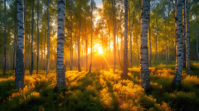 The landscape of the forest in golden shades of sunset, where the sun's rays penetrate the foliage of trees, creating a cozy atmosph
