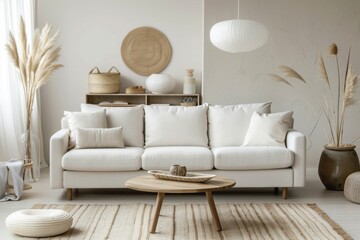 Cozy living room interior with knitted blanket on comfortable sofa
