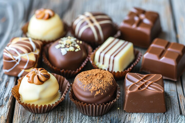 A variety of chocolate truffles are displayed on a wooden table - obrazy, fototapety, plakaty