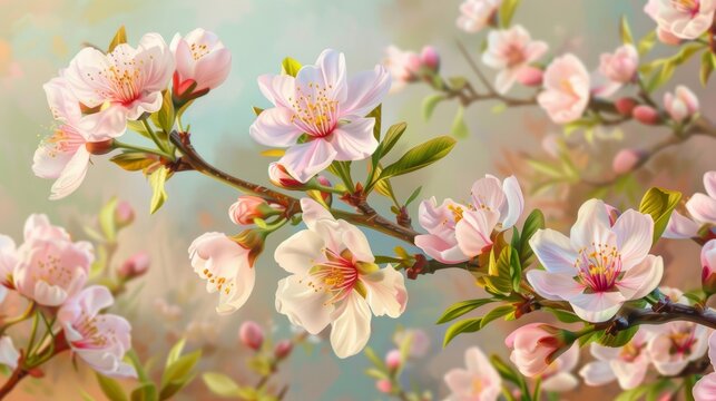 Realistic fruit tree branch with spring flowers. Beautiful flowering almond tree in spring day