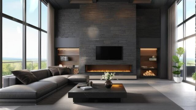3D rendering. Modern living room interior. Penthouse loft with dark stone walls. sofa and television. 