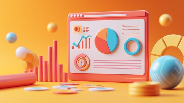 Bright and colorful 3D illustration of a modern data analytics dashboard with graphs, charts, and marketing metrics