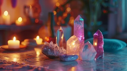 Reiki crystals altar. Creating sacred meditaion space with good vibes for home, relaxation and mental health