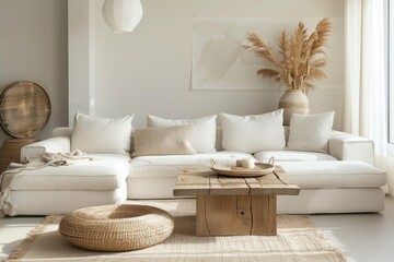 Cozy living room interior with knitted blanket on comfortable sofa