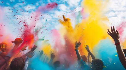 A vibrant image capturing the essence of the Holi festival with energetic crowd throwing colorful powder