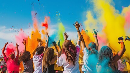Picture depicts people gleefully tossing handfuls of colorful powder at a spirited outdoor festival - obrazy, fototapety, plakaty