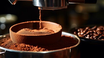 A macro shot of finely ground coffee being dispensed into a portafilter from an espresso machine - obrazy, fototapety, plakaty