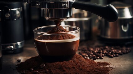 Fresh espresso shot pouring into a clear cup with crema on top, coffee beans in background - obrazy, fototapety, plakaty